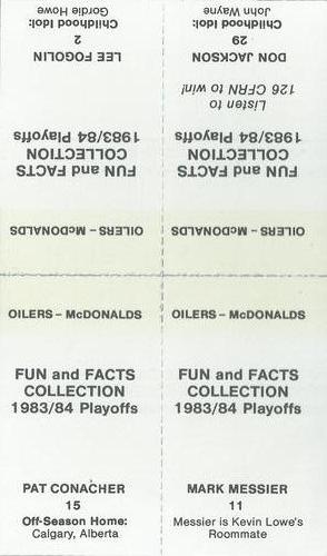 1983-84 McDonald's Edmonton Oilers Stickers - Panels #NNO Mark Messier / Pat Conacher / Lee Fogolin / Don Jackson Back