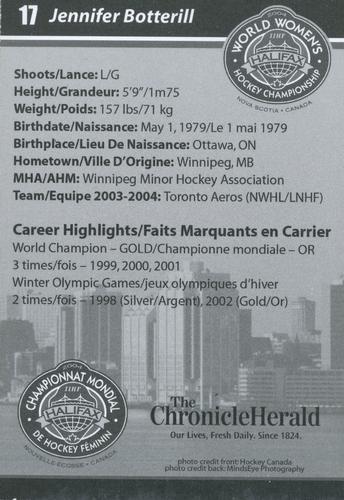 2004-05 Canadian World Womens Hockey Championship #4 Jennifer Botterill Back