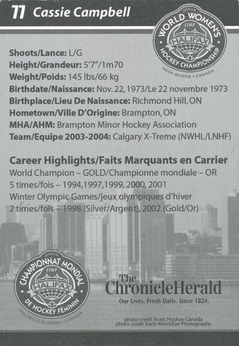 2004-05 Canadian World Womens Hockey Championship #6 Cassie Campbell Back