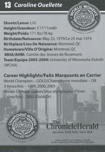 2004-05 Canadian World Womens Hockey Championship #14 Caroline Ouellette Back