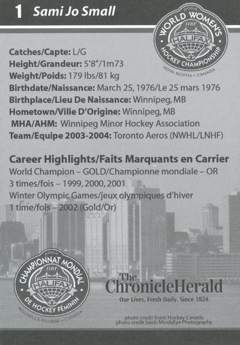 2004-05 Canadian World Womens Hockey Championship #17 Sami Jo Small Back