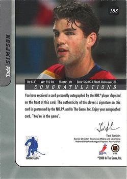 2015-16 In The Game Final Vault - 2000-01 Be A Player Signature Series - Autographs (Black Vault Stamp) #183 Todd Simpson Back