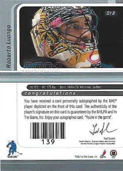 2015-16 In The Game Final Vault - 2001-02 Be a Player Signature Series Autographs (Black Vault Stamp) #12 Roberto Luongo Back