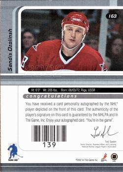 2015-16 In The Game Final Vault - 2001-02 Be a Player Signature Series Autographs Gold (Black Vault Stamp) #163 Sandis Ozolinsh Back