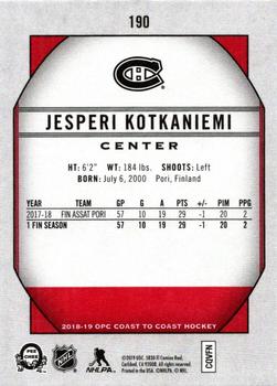 2018-19 O-Pee-Chee Coast to Coast #190 Jesperi Kotkaniemi Back