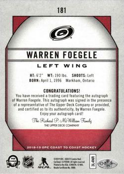 2018-19 O-Pee-Chee Coast to Coast - Autographs #181 Warren Foegele Back