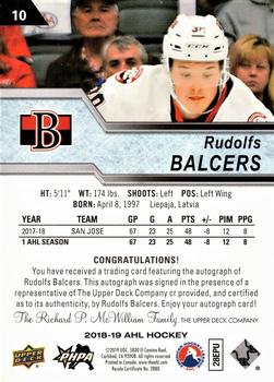 2018-19 Upper Deck AHL - Autographs #10 Rudolfs Balcers Back