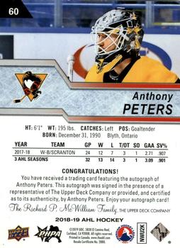 2018-19 Upper Deck AHL - Autographs #60 Anthony Peters Back