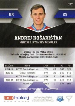 2017-18 SportZoo Tipsport Liga #037 Andrej Kosaristan Back