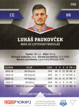 2017-18 SportZoo Tipsport Liga #052 Lukas Paukovcek Back