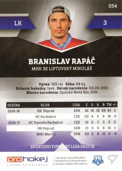 2017-18 SportZoo Tipsport Liga #054 Branislav Rapac Back