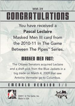 2015-16 In The Game Final Vault - 2010-11 In The Game Between The Pipes - Masked Men III Emerald (Silver Vault Stamp) #MM-39 Pascal LeClaire Back