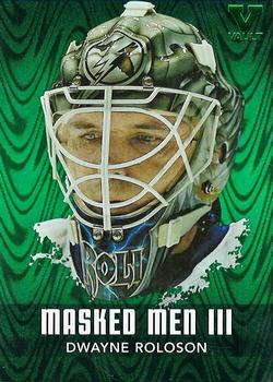 2015-16 In The Game Final Vault - 2010-11 In The Game Between The Pipes Masked Men III Emerald (Green Vault Stamp) #MM-17 Dwayne Roloson Front