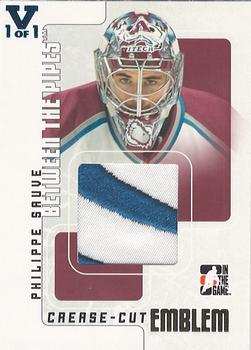 2015-16 In The Game Final Vault - 2007-08 In The Game Between The Pipes Emblems (Blue Vault Stamp) #CCE-55 Philippe Sauve Front