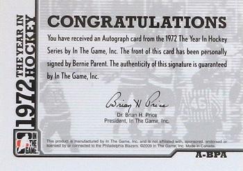 2015-16 In The Game Final Vault - 2009-10 In The Game 1972 The Year In Hockey - Autographs (Black Vault Stamp) #A-BPA Bernie Parent Back