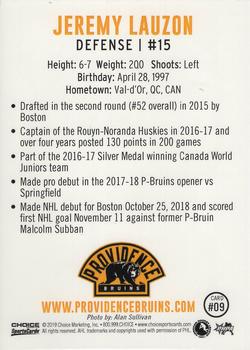 2018-19 Choice Providence Bruins (AHL) #9 Jeremy Lauzon Back