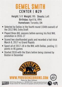2018-19 Choice Providence Bruins (AHL) #21 Gemel Smith Back