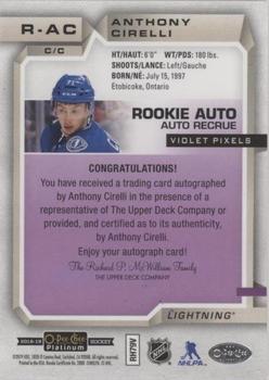 2018-19 O-Pee-Chee Platinum - Rookie Autographs Violet Pixels #R-AC Anthony Cirelli Back