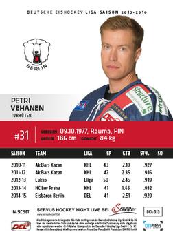 2015-16 Playercards Basic Serie 2 (DEL) #DEL-313 Petri Vehanen Back