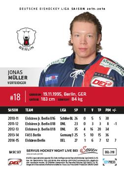 2015-16 Playercards Basic Serie 2 (DEL) #DEL-318 Jonas Müller Back