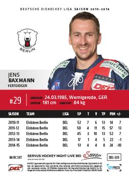 2015-16 Playercards Basic Serie 2 (DEL) #DEL-320 Jens Baxmann Back