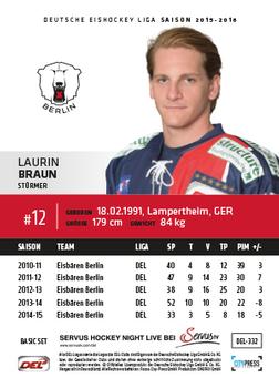2015-16 Playercards Basic Serie 2 (DEL) #DEL-332 Laurin Braun Back
