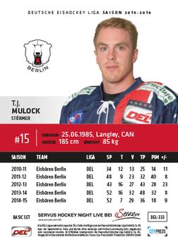 2015-16 Playercards Basic Serie 2 (DEL) #DEL-333 T.J. Mulock Back