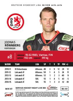2015-16 Playercards Basic Serie 2 (DEL) #DEL-350 Joonas Rönnberg Back
