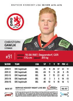 2015-16 Playercards Basic Serie 2 (DEL) #DEL-357 Christoph Gawlik Back