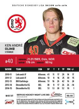 2015-16 Playercards Basic Serie 2 (DEL) #DEL-365 Ken-Andre Olimb Back