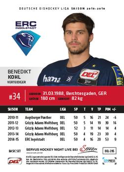 2015-16 Playercards Basic Serie 2 (DEL) #DEL-395 Benedikt Kohl Back