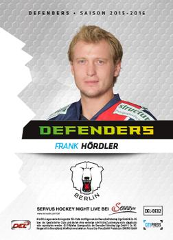 2015-16 Playercards Basic Serie 2 (DEL) - Defenders #DEL-DF02 Frank Hordler Back