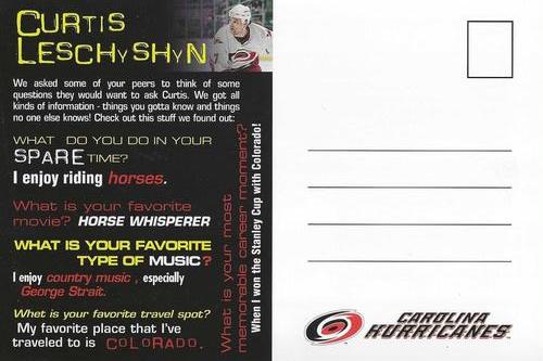 1998-99 Carolina Hurricanes The Storm Zone Postcards #NNO Curtis Leschyshyn Back