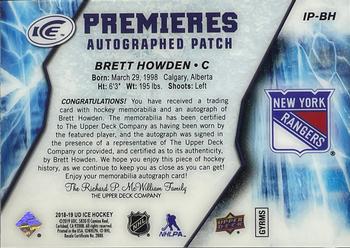 2018-19 Upper Deck Ice - Ice Premieres Autographed Patches #IP-BH Brett Howden Back