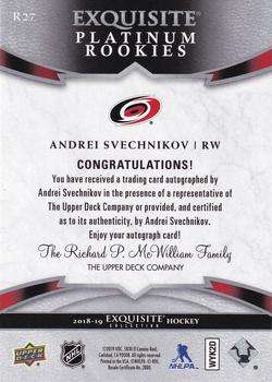 2018-19 Upper Deck Ice - Exquisite Collection Platinum Rookies Signatures #R27 Andrei Svechnikov Back