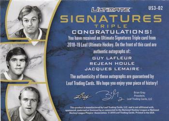 2018-19 Leaf Ultimate - Ultimate Triple Signatures - Platinum Blue #US3-02 Guy Lafleur / Rejean Houle / Jacques Lemaire Back