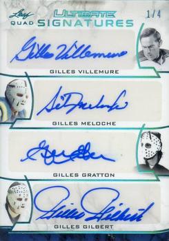 2018-19 Leaf Ultimate - Ultimate Quad Signatures - Platinum Blue #US4-09 Gilles Villemure / Gilles Meloche / Gilles Gratton / Gilles Gilbert Front