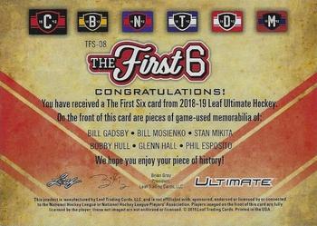 2018-19 Leaf Ultimate - The First 6 - Red #TFS-08 Bill Gadsby / Bill Mosienko / Stan Mikita / Bobby Hull / Glenn Hall / Phil Esposito Back