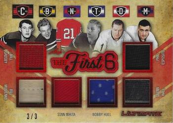 2018-19 Leaf Ultimate - The First 6 - Red #TFS-08 Bill Gadsby / Bill Mosienko / Stan Mikita / Bobby Hull / Glenn Hall / Phil Esposito Front