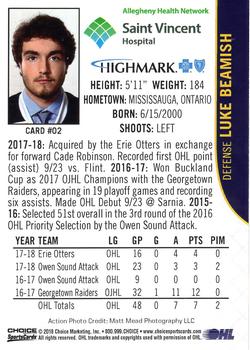 2018-19 Choice Erie Otters (OHL) #2 Luke Beamish Back