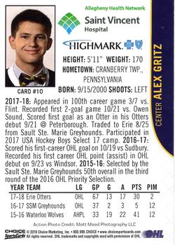 2018-19 Choice Erie Otters (OHL) #10 Alex Gritz Back