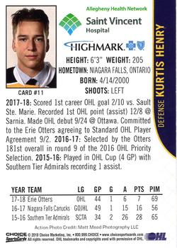 2018-19 Choice Erie Otters (OHL) #11 Kurtis Henry Back
