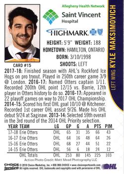 2018-19 Choice Erie Otters (OHL) #15 Kyle Maksimovich Back