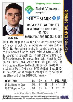 2018-19 Choice Erie Otters (OHL) #20 Danial Singer Back