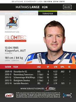2014-15 Playercards (DEL) #DEL-092 Mathias Lange Back