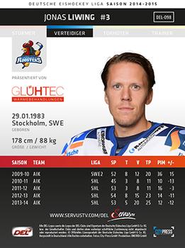 2014-15 Playercards (DEL) #DEL-098 Jonas Liwing Back