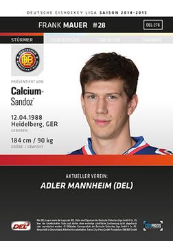 2014-15 Playercards (DEL) #DEL-278 Frank Mauer Back