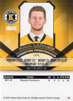 2018-19 Extreme Kingston Frontenacs (OHL) #19 Paul Larabie Back