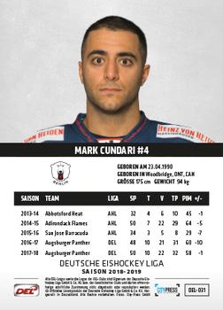 2018-19 Playercards (DEL) #DEL-031 Mark Cundari Back