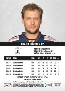 2018-19 Playercards (DEL) #DEL-033 Frank Hordler Back